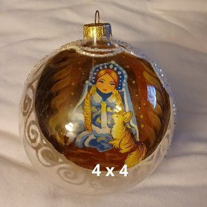 Reverse Painted Christmas Ornament Girl with Squirrel 4" x 4" Gift Keepsake